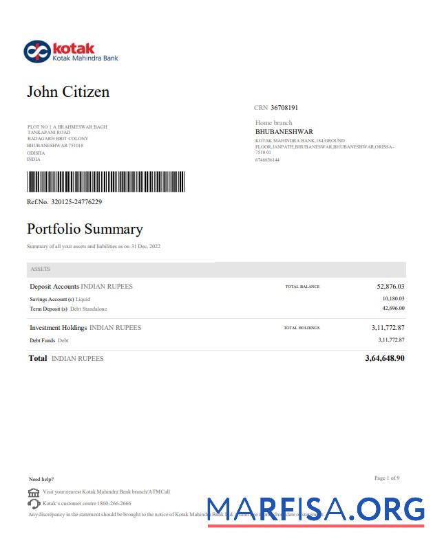 Downloadable India Kotak Mahindra bank statement word 4 pages, version 2 real example